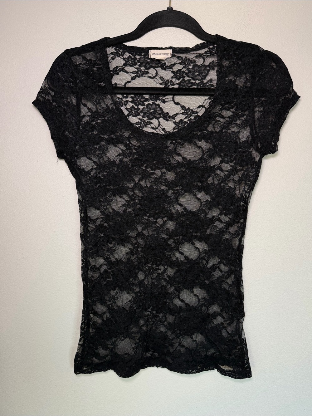 Black Lace Zenana Outfitters Sheer Short Sleeve Shirt Whimsical Grunge Gothic